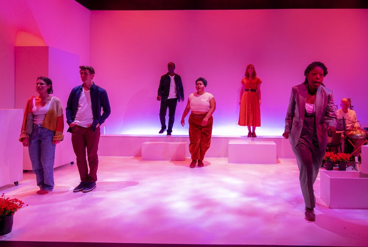 Brooke Shilling, Alex J. Gould, Adesola Osakalumi, Cristina Pitter, Christina Bennett Lind, Akyiaa Wilson, and Rinde Eckert in WAKE