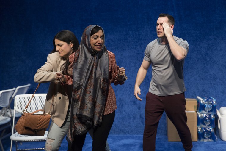 Olivia AbiAssi, Hend Ayoub, and Peter Romano in FIRST DOWN